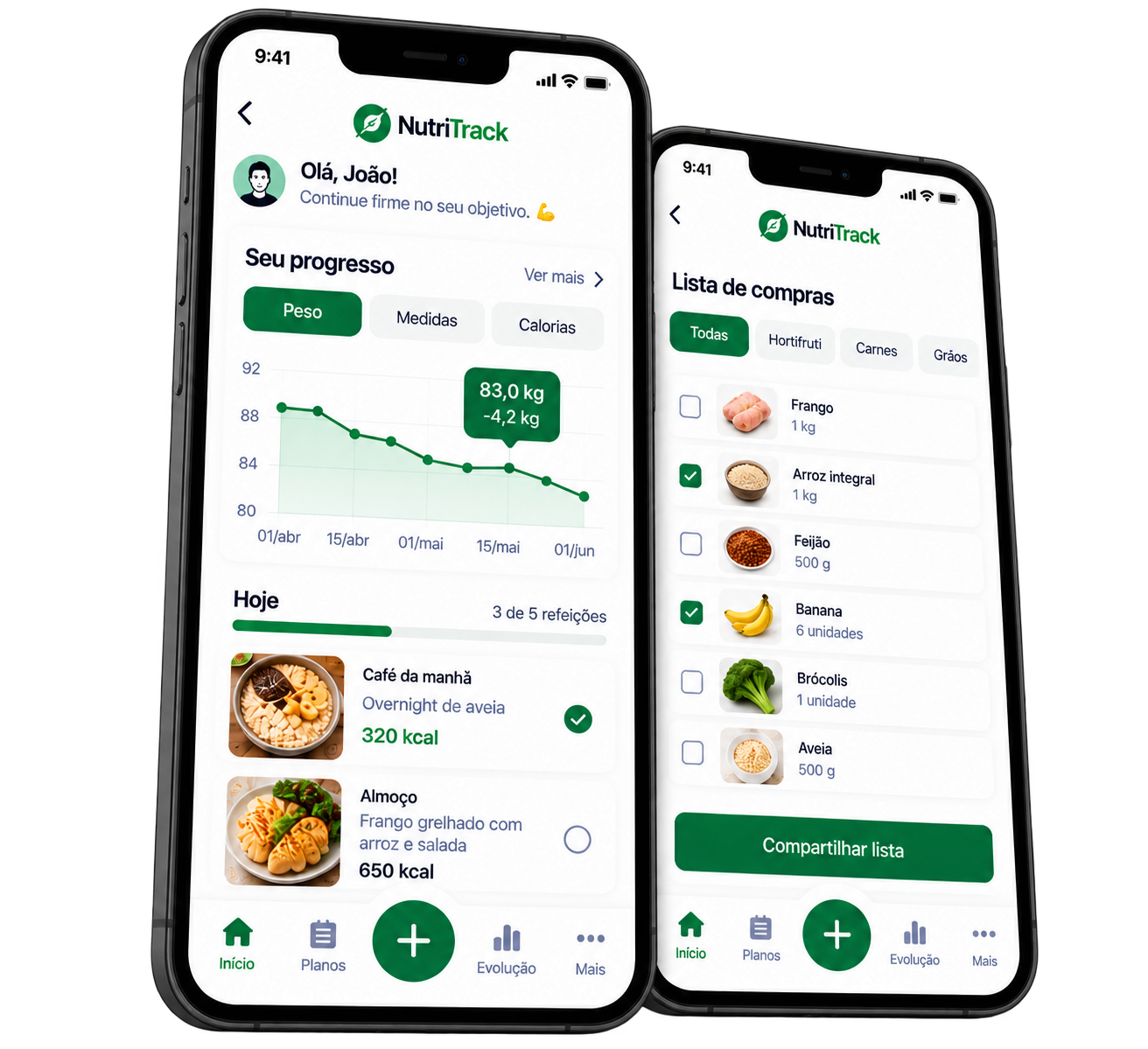 Progresso e lista de compras no NutriTrack
