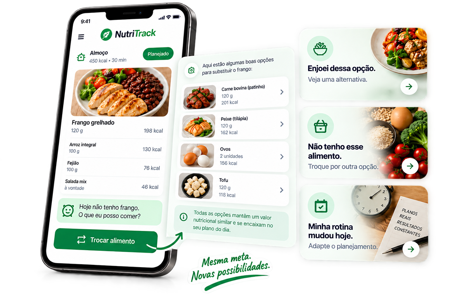Plano de almoço do NutriTrack com opções para trocar alimentos e adaptar a rotina