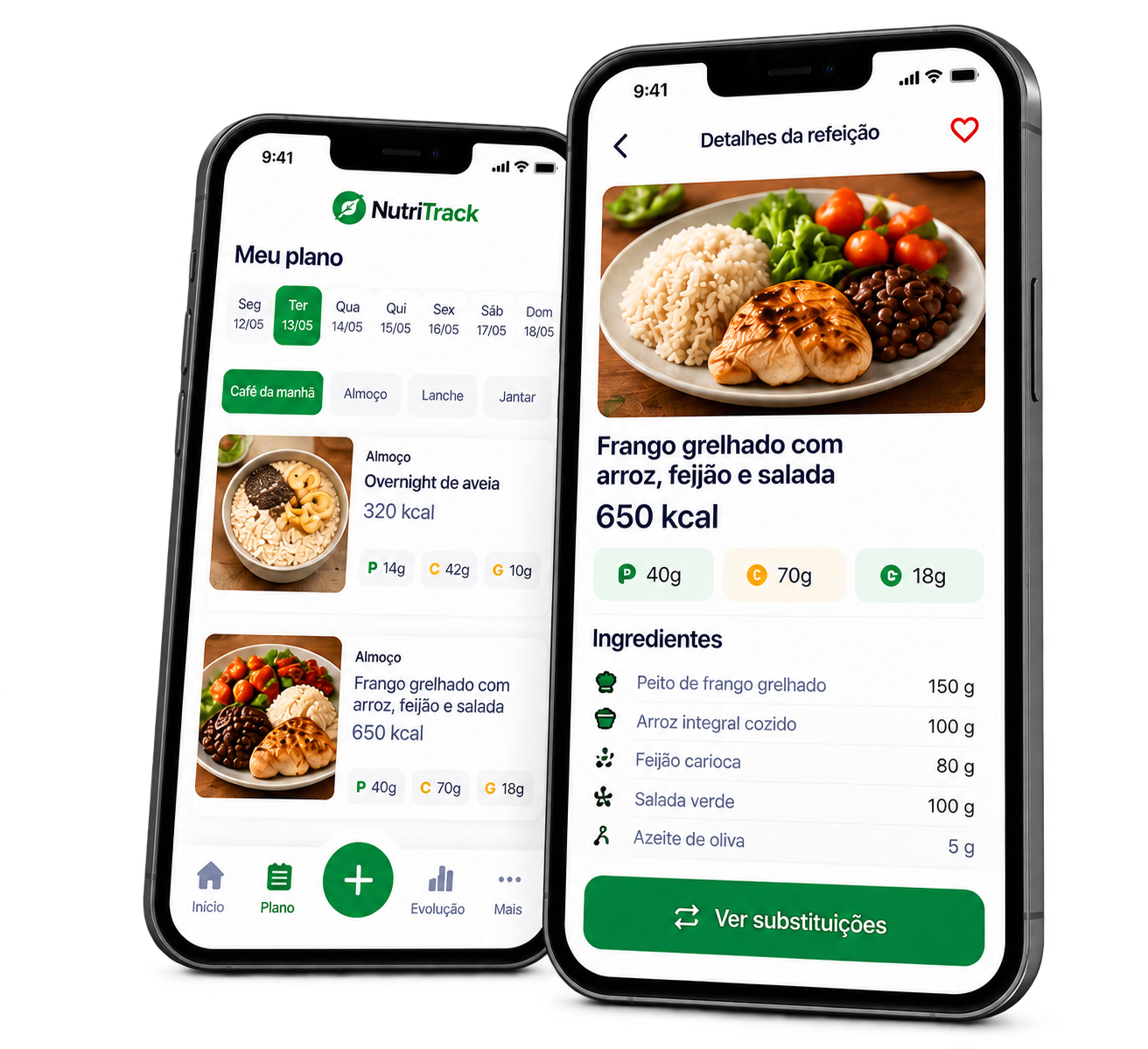 Plano semanal e detalhes de uma refeição no NutriTrack