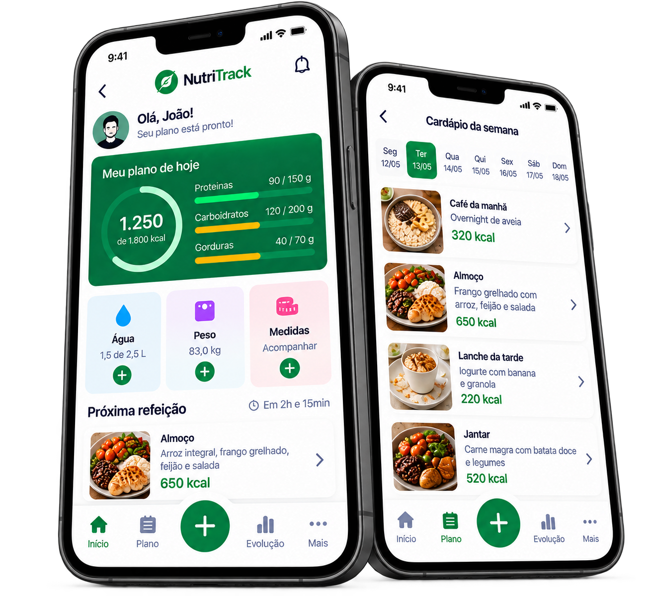 Painel diário e cardápio semanal do NutriTrack