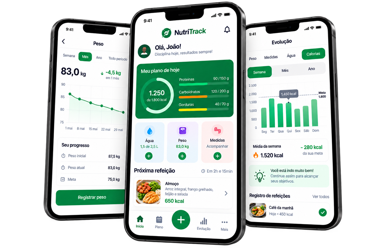 Telas do NutriTrack mostrando peso, plano diário, hidratação, refeições e evolução de calorias