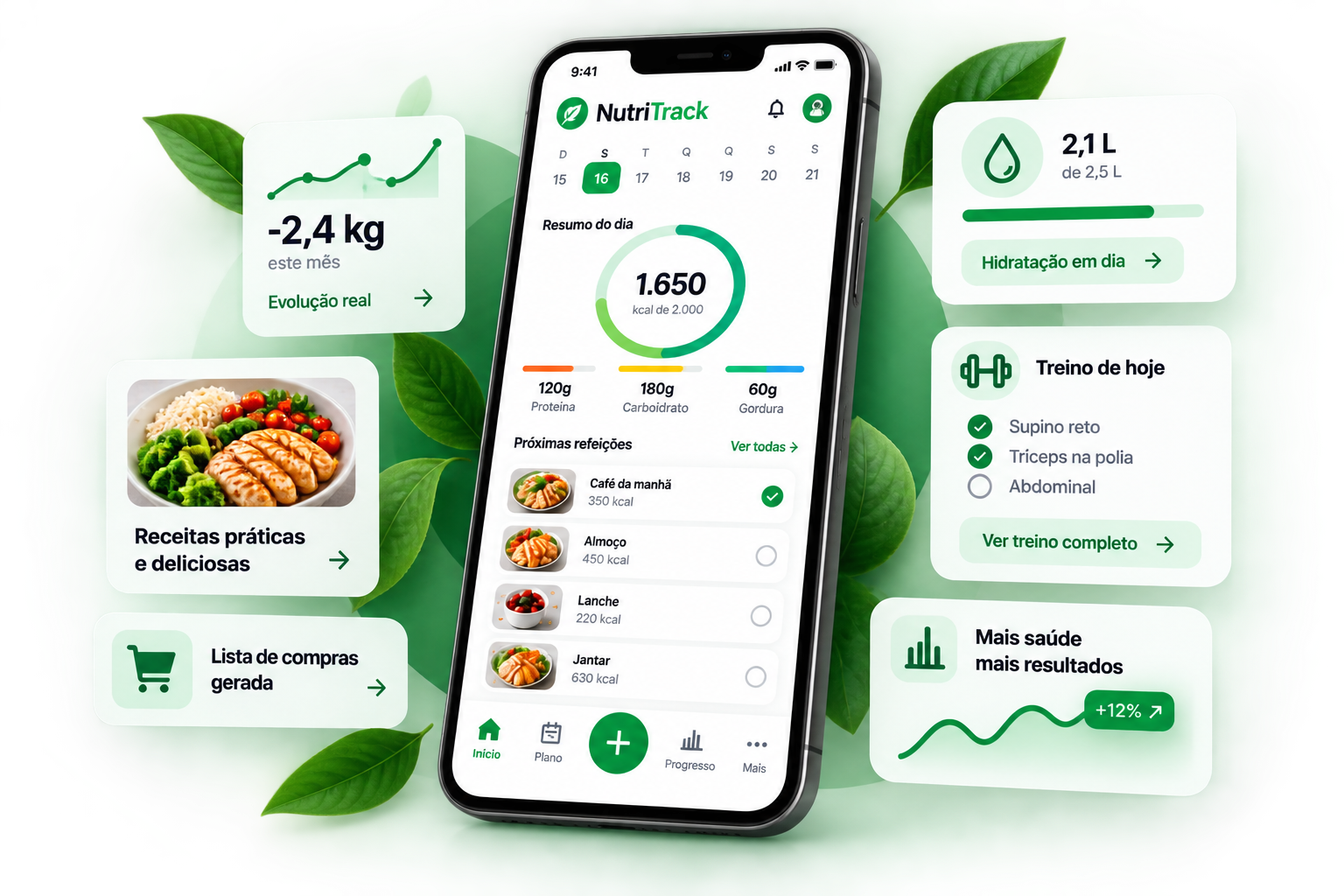 Tela do NutriTrack com progresso, hidratação, treino, receitas e lista de compras