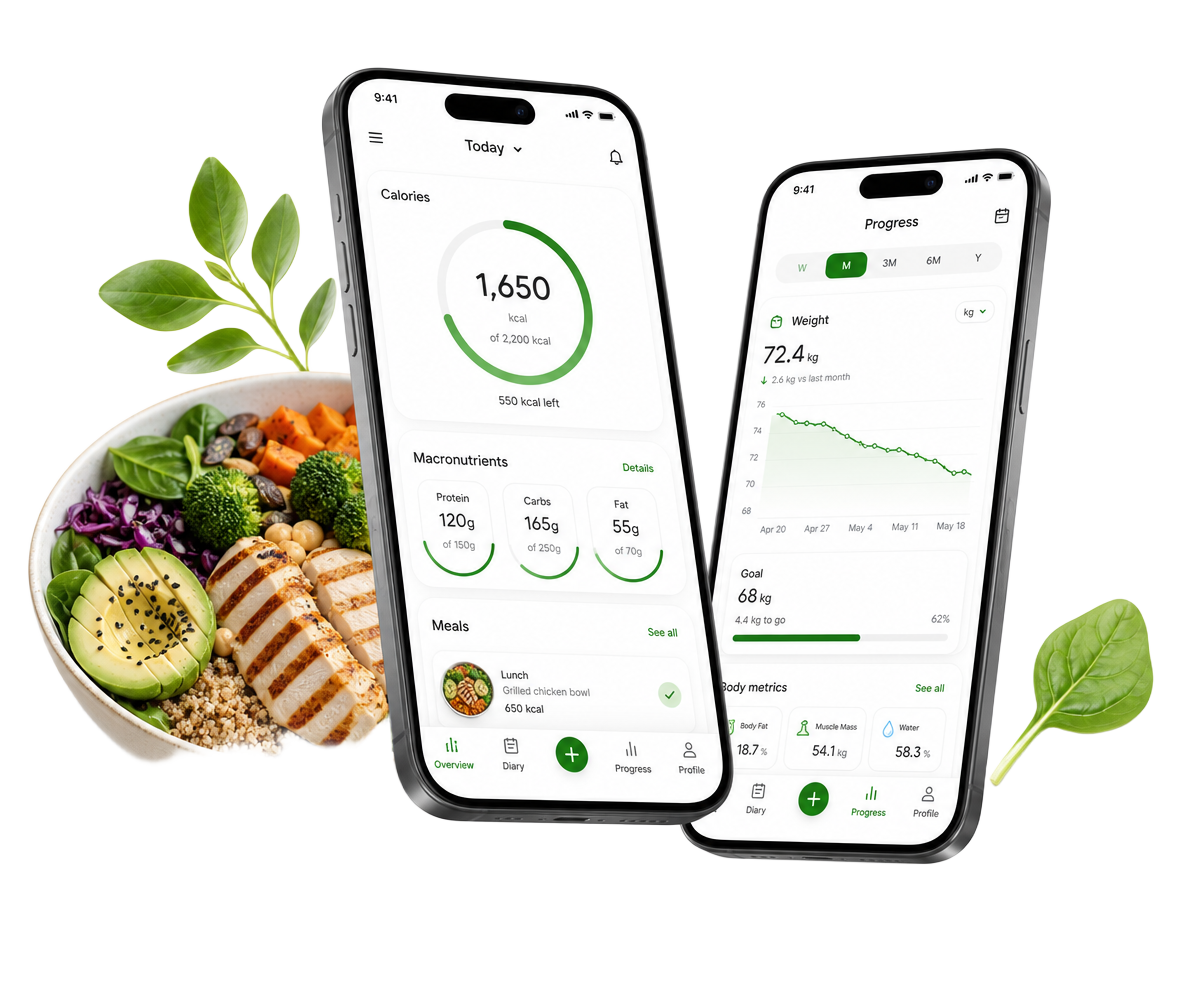Aplicativo NutriTrack mostrando plano de hoje e evolução de peso