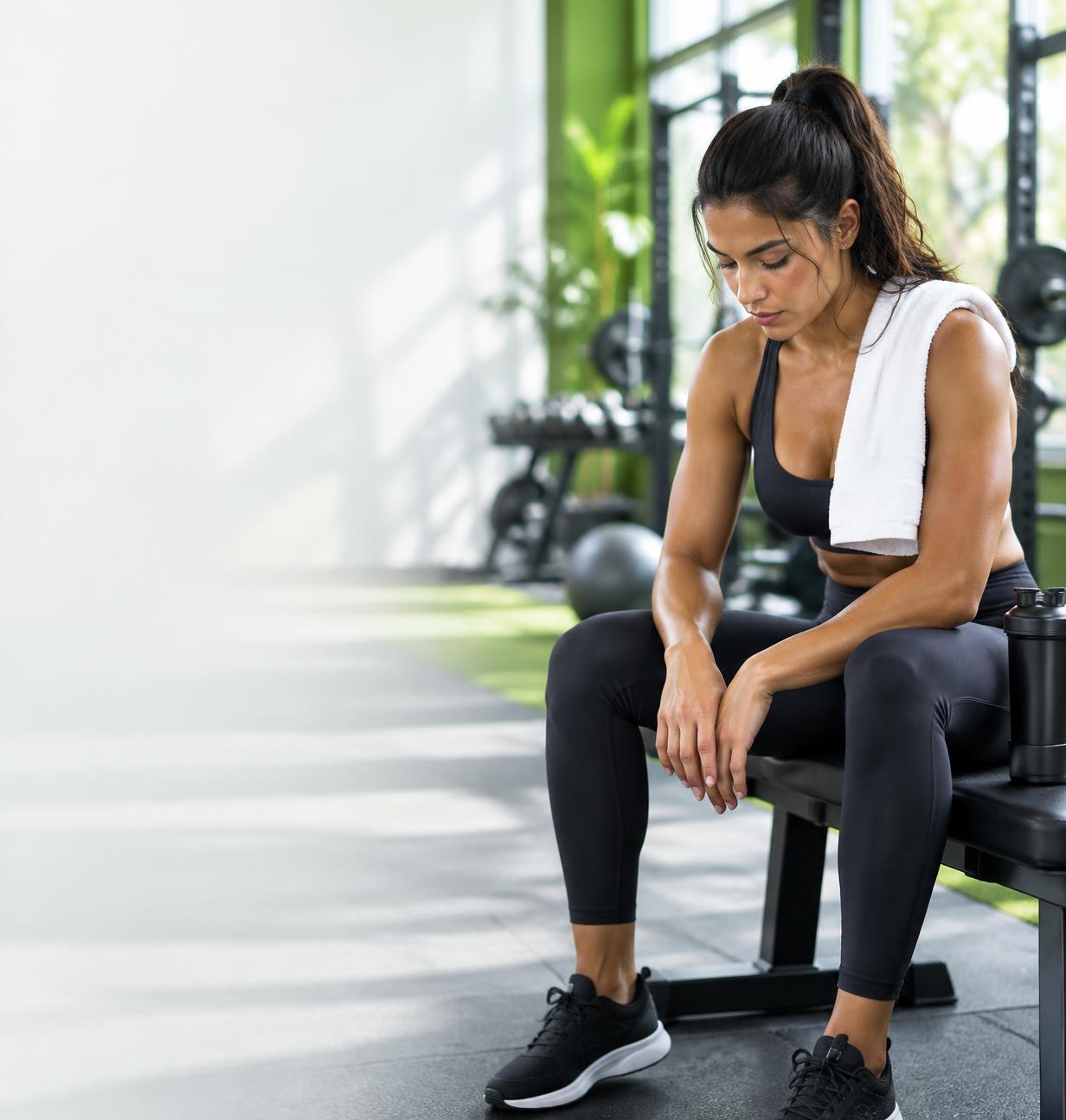 Mulher descansando após o treino em uma academia